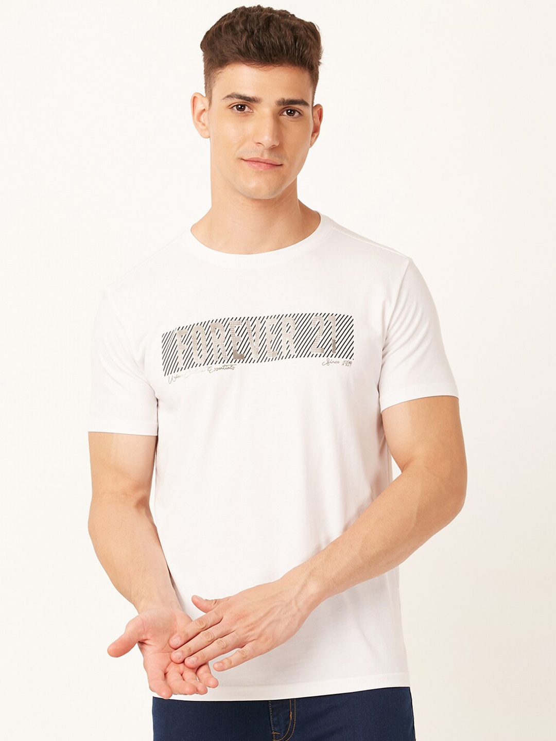 

FOREVER 21 White & Black Typography Printed T-shirt