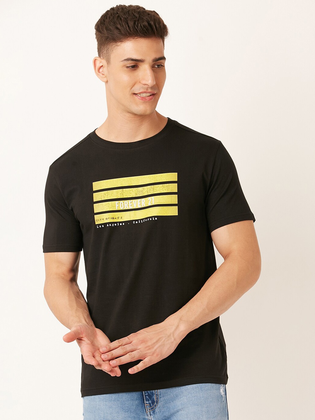 

FOREVER 21 Brown & Yellow Typography Printed T-shirt