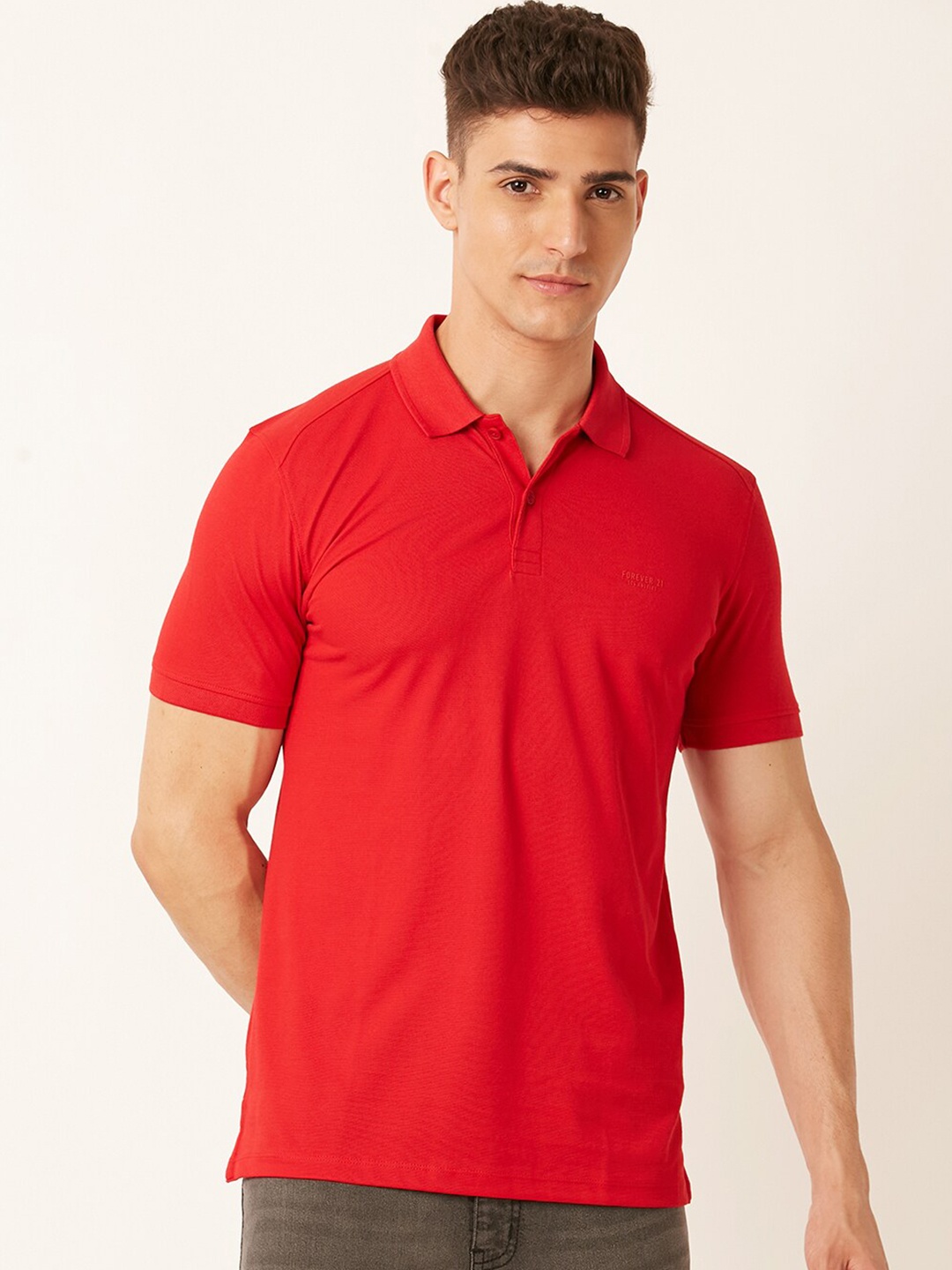 

FOREVER 21 Red Polo Collar Cotton T-Shirt