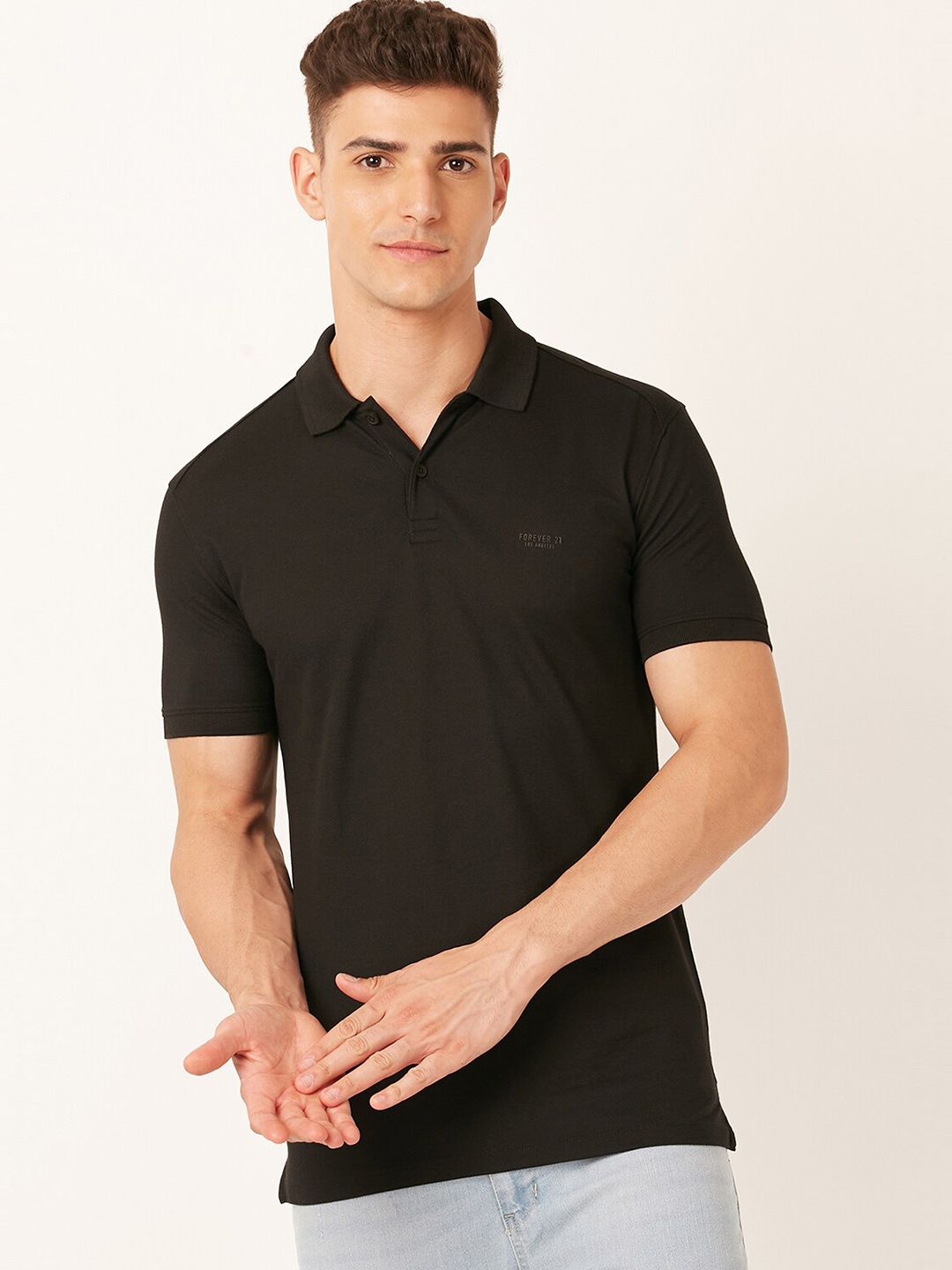

FOREVER 21 Polo Collar Cotton T-Shirt, Black