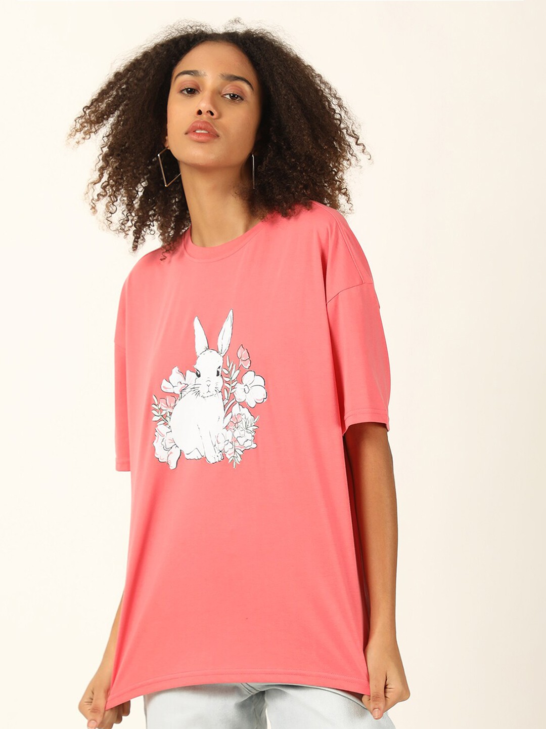 

FOREVER 21 Pink & White Printed Drop-Shoulder Sleeves T-shirt