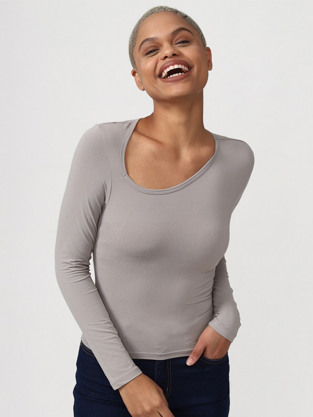 

FOREVER 21 Scoop Neck Long Sleeves T-Shirt, Grey