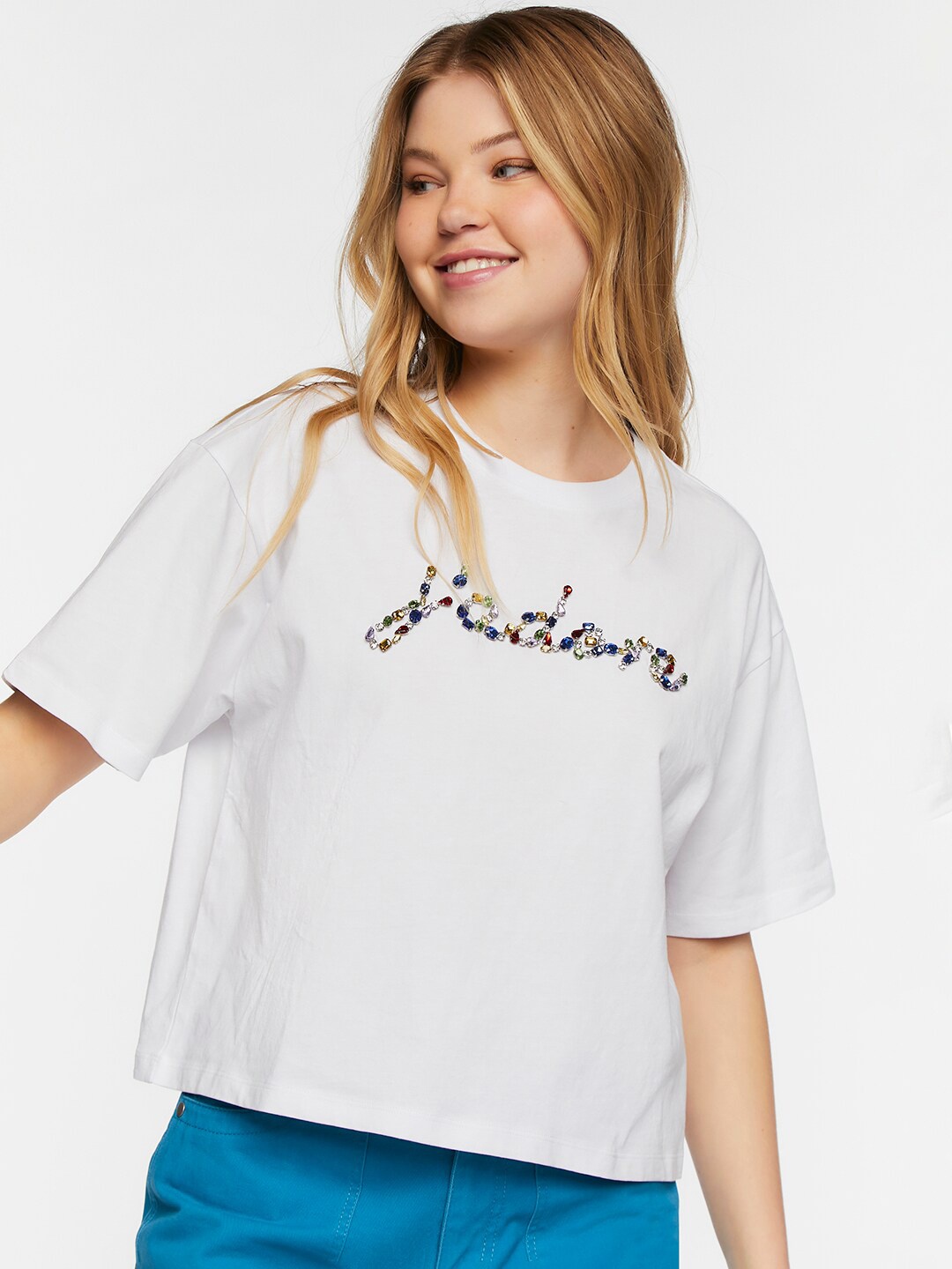 

FOREVER 21 White & Blue Typography Printed Embellished Pure Cotton T-shirt