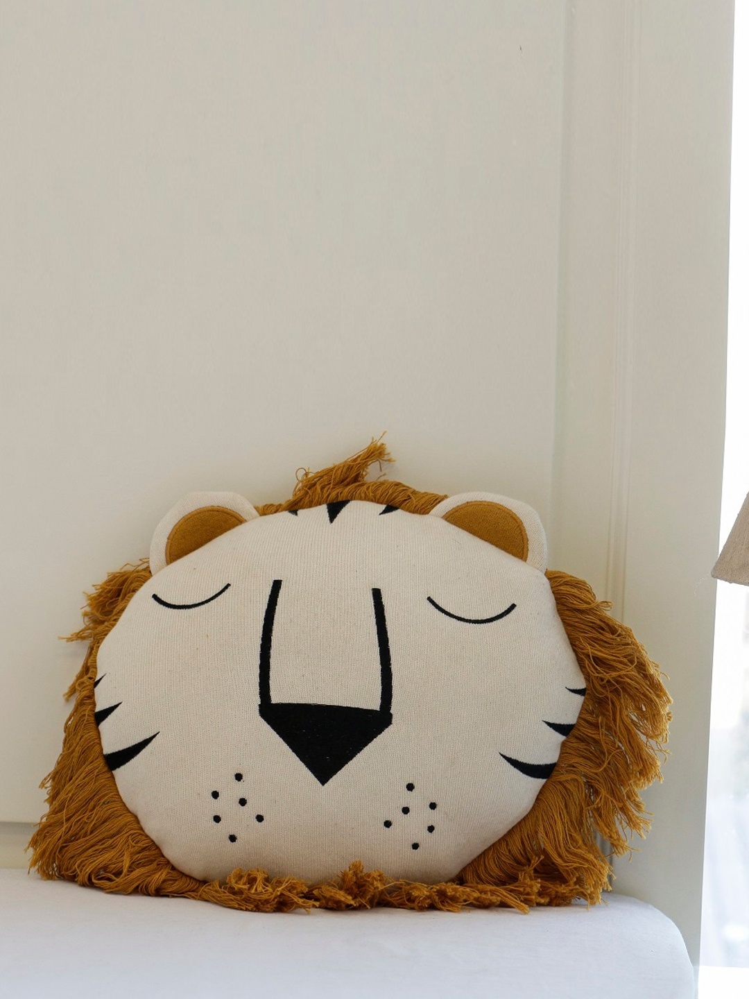 

Pluchi Kids Beige & Mustard Yellow Sleeping Lion Shaped Fringed Cotton Knitted Cushion