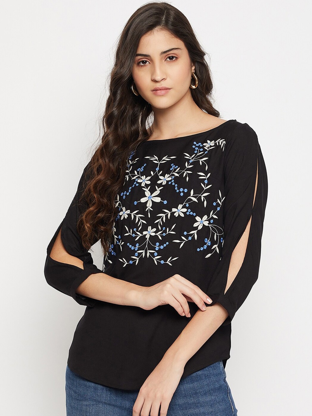 

Ruhaans Floral Embroidered Slit Sleeves Top, Black