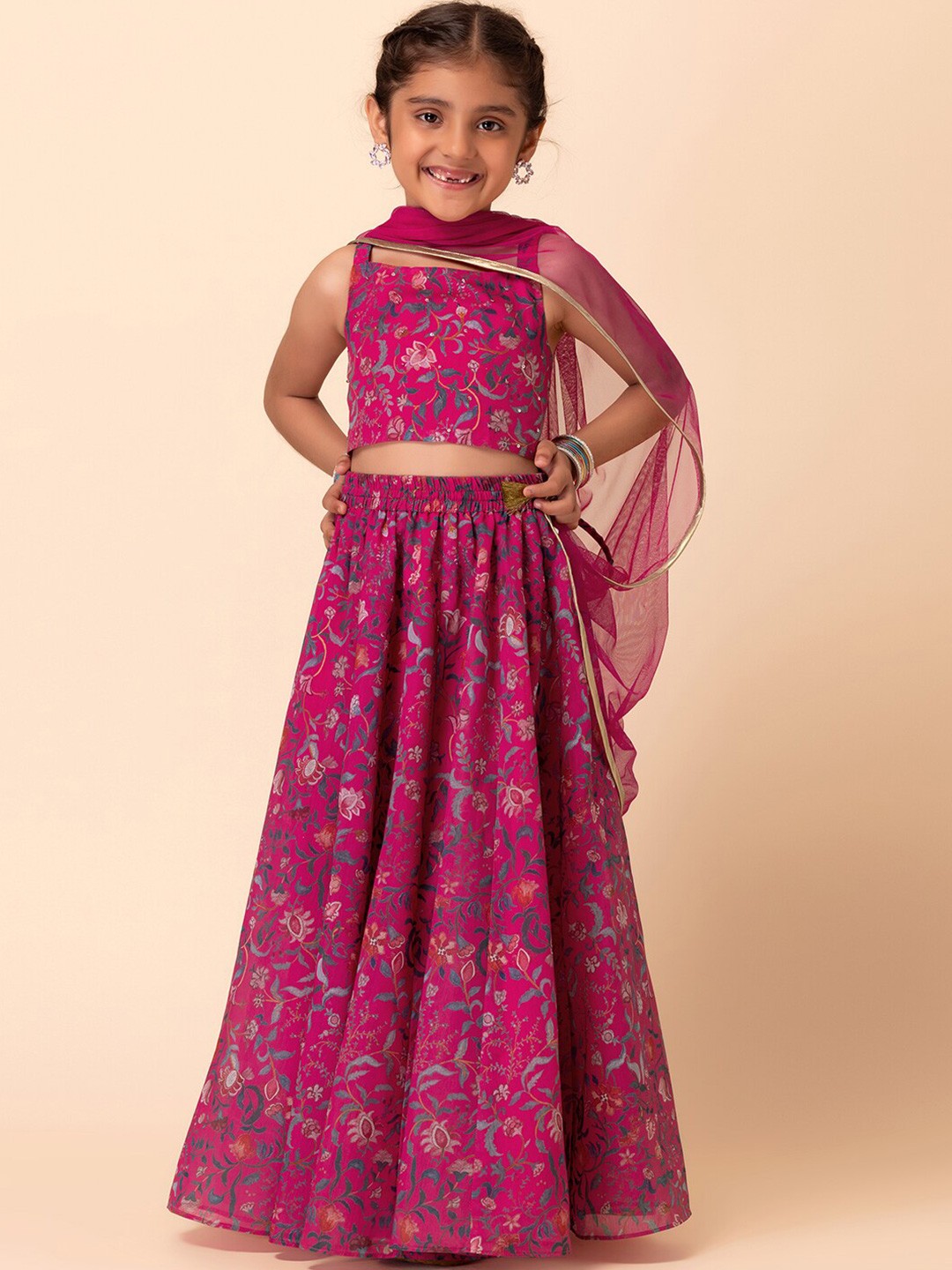 

Miss Indya Girls Ethnic Motifs Printed Ready to Wear Lehenga & Blouse With Dupatta, Pink