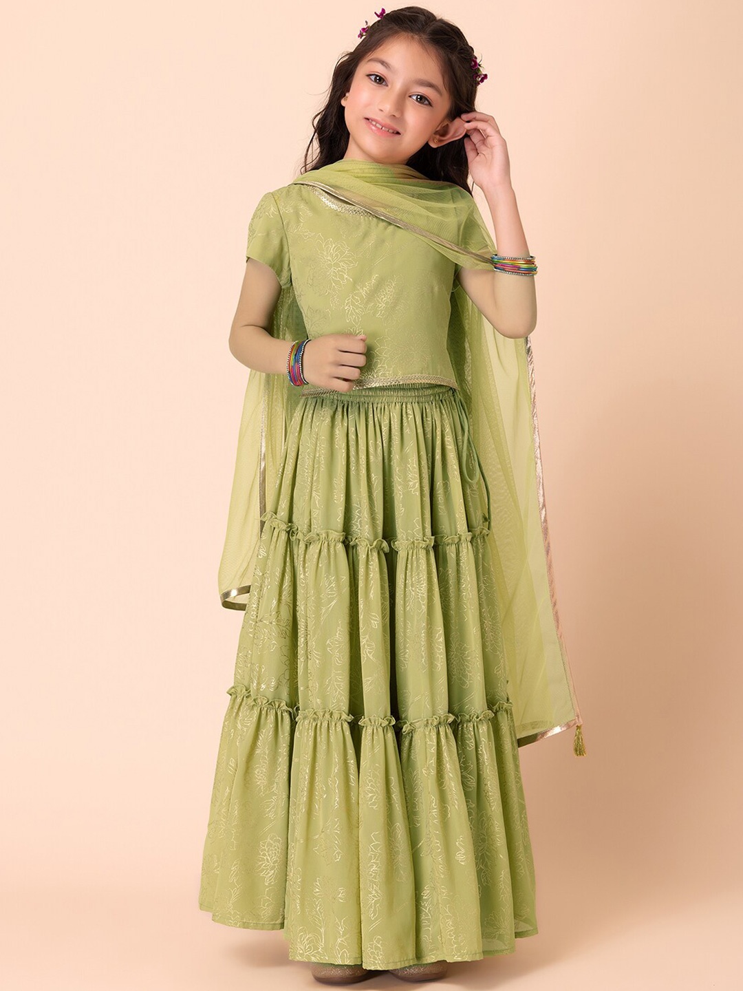 

Miss Indya Girls Floral Foil Printed Ready to Wear Lehenga & Blouse With Dupatta, Green