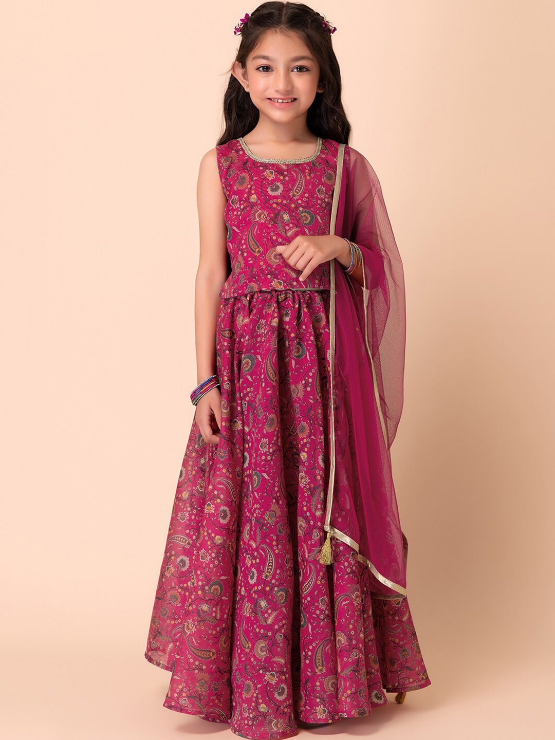 

Miss Indya Girls Ethnic Motifs Printed Ready to Wear Lehenga & Blouse With Dupatta, Pink