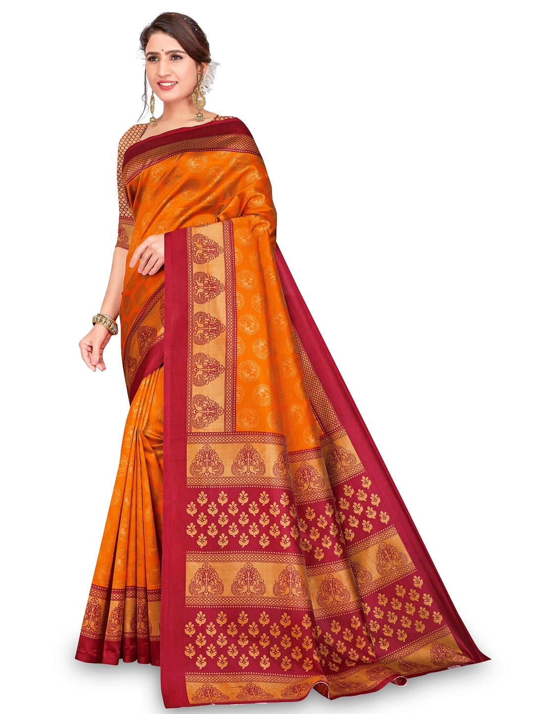 

KALINI Ethnic Motifs Printed Mysore Silk Saree, Orange