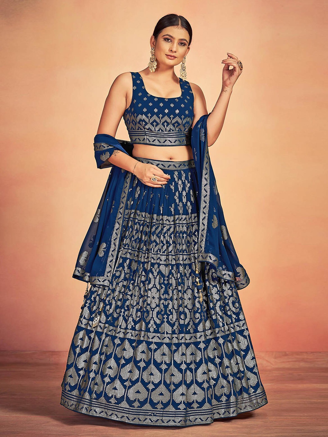 

ODETTE Embellished Sequinned Ready to Wear Lehenga & Blouse With Dupatta, Blue