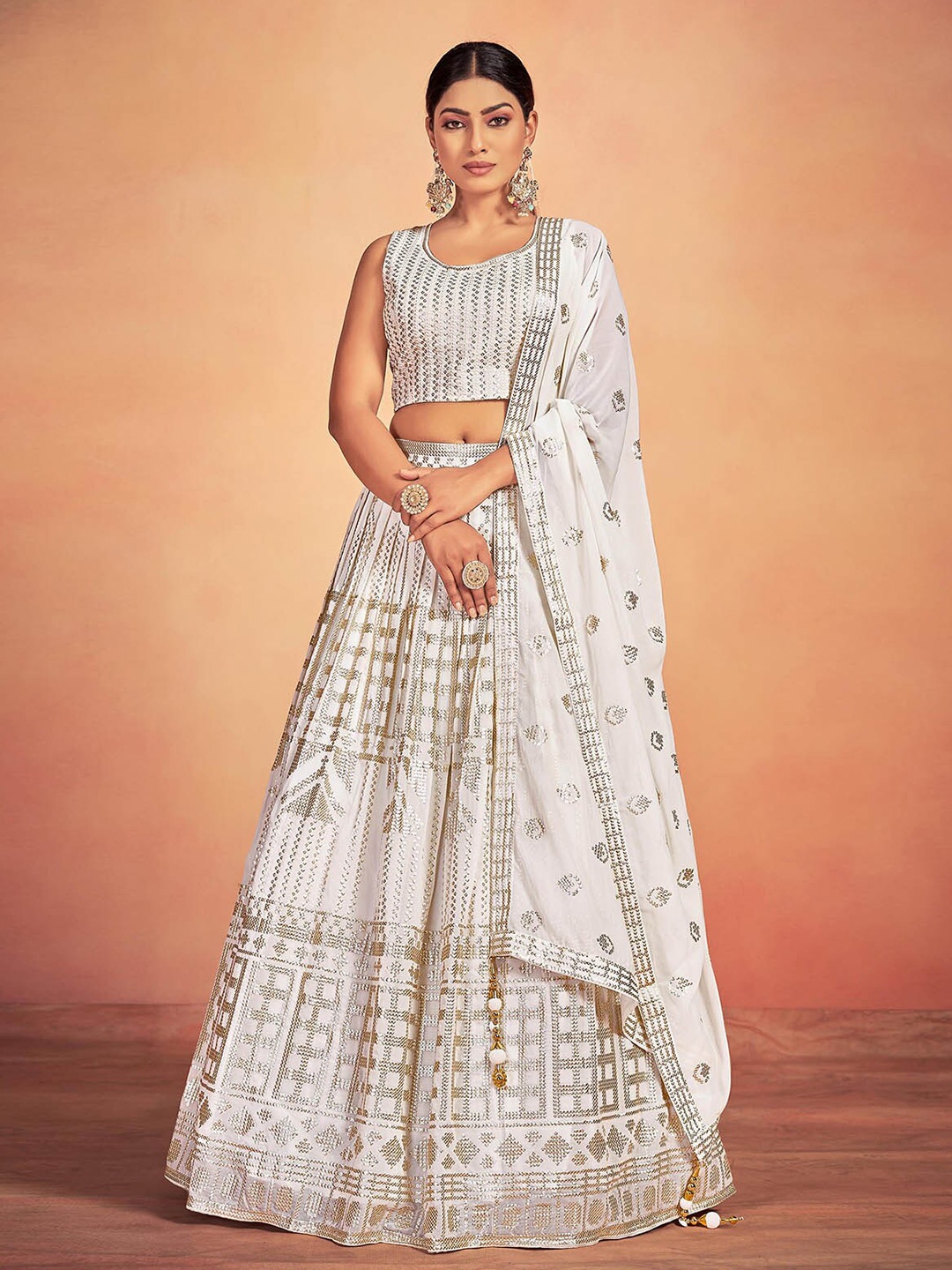 

ODETTE Embellished Sequinned Ready to Wear Lehenga & Blouse With Dupatta, White