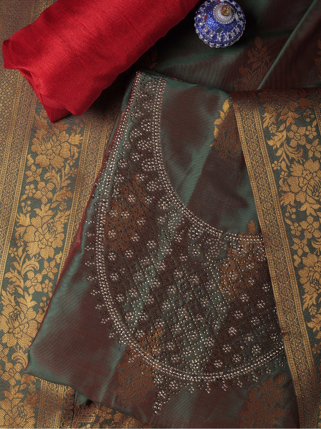 

HALFSAREE STUDIO Ethnic Motifs Woven Design Unstitched Dress Material, Green