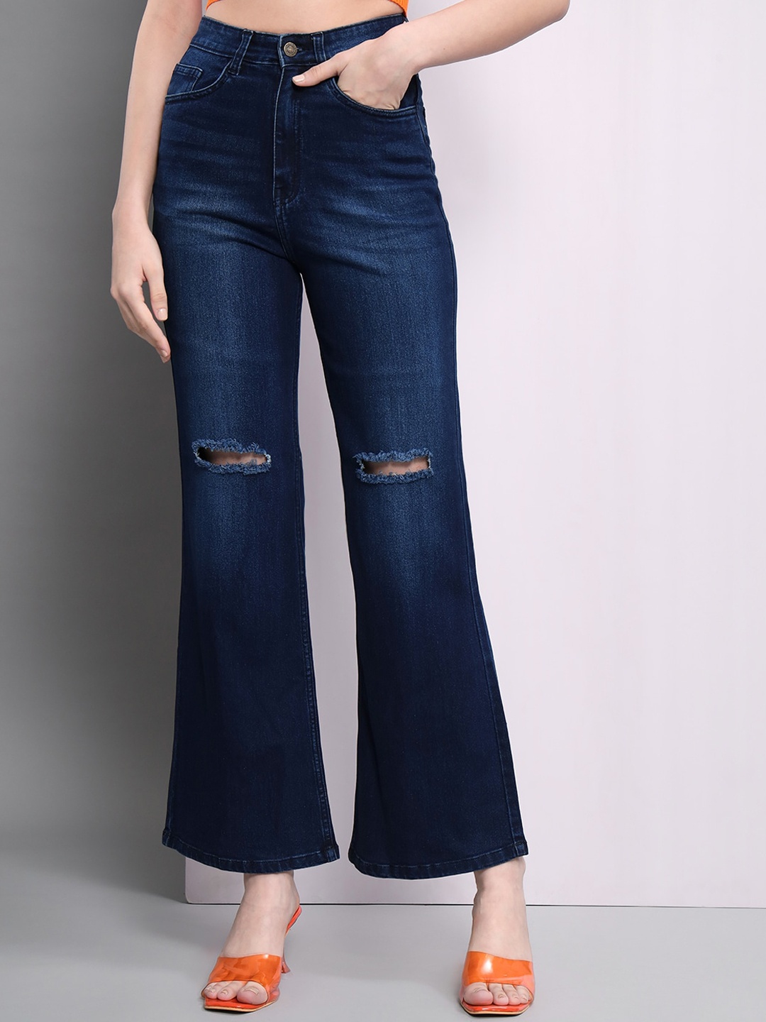 

BAESD Women Flared High-Rise Slash Knee Light Fade Stretchable Jeans, Blue