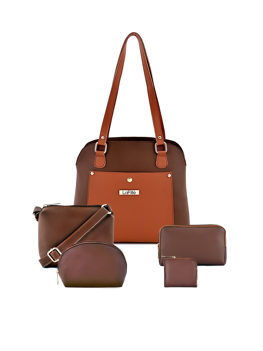 

LaFille Brown Colourblocked PU Structured Shoulder Bag with Cut Work