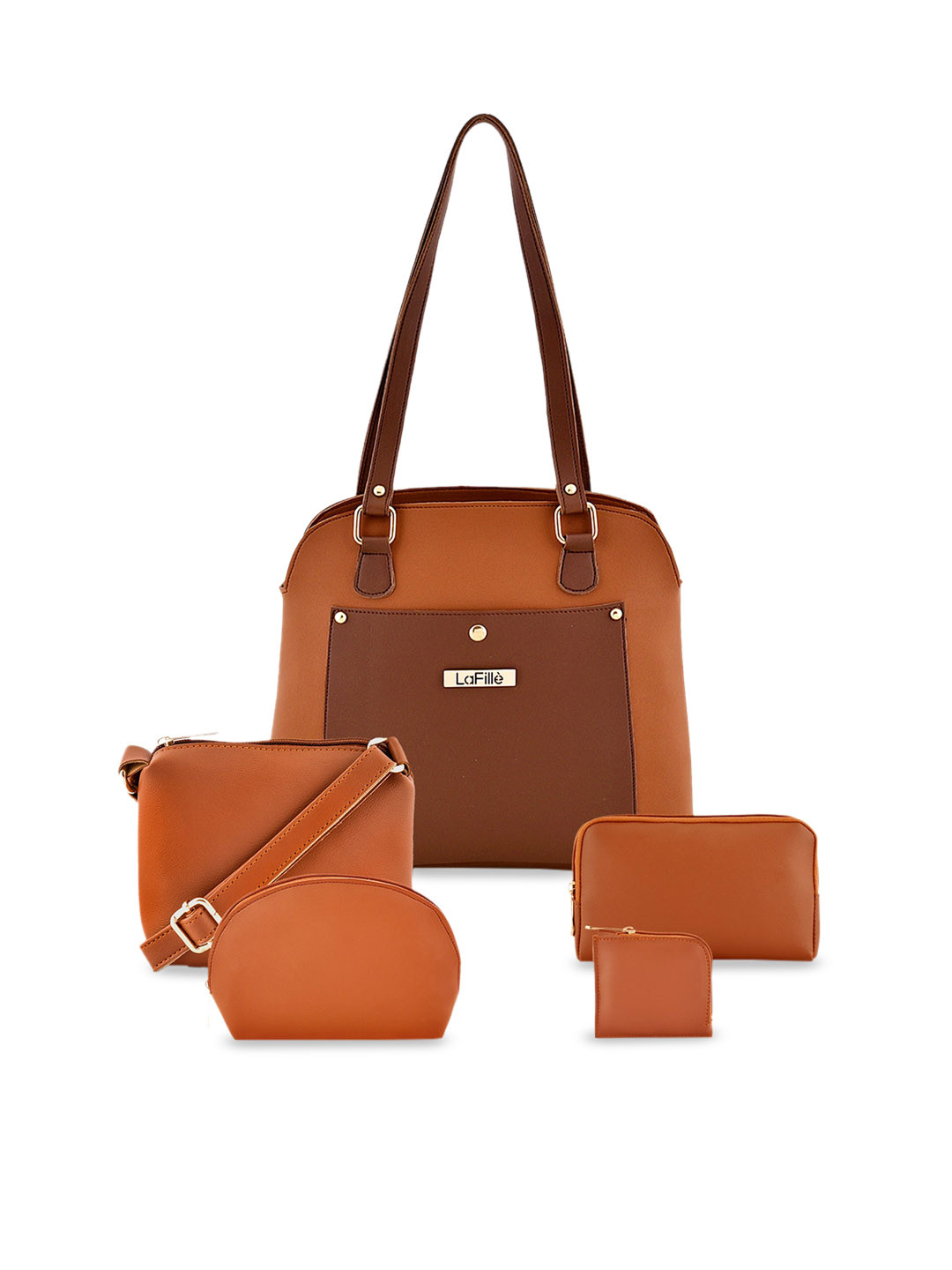 

LaFille Women Set Of 5 Structured Handbags, Tan