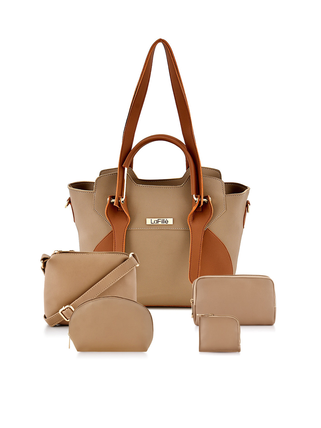 

LaFille Beige Structured Handheld Bag with Cut Work