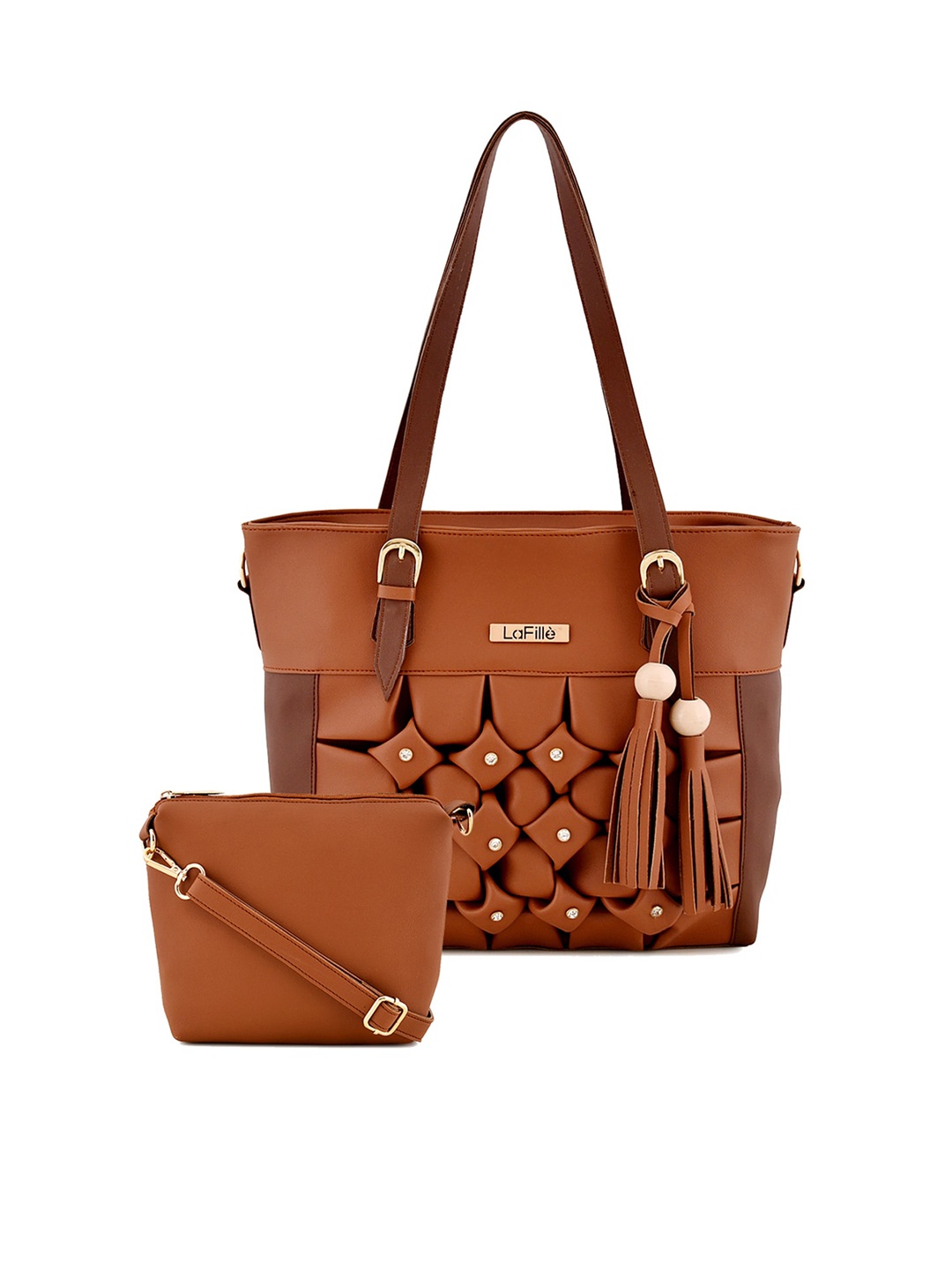 

LaFille Set Of 2 Self Design Structured Hand Bags, Tan
