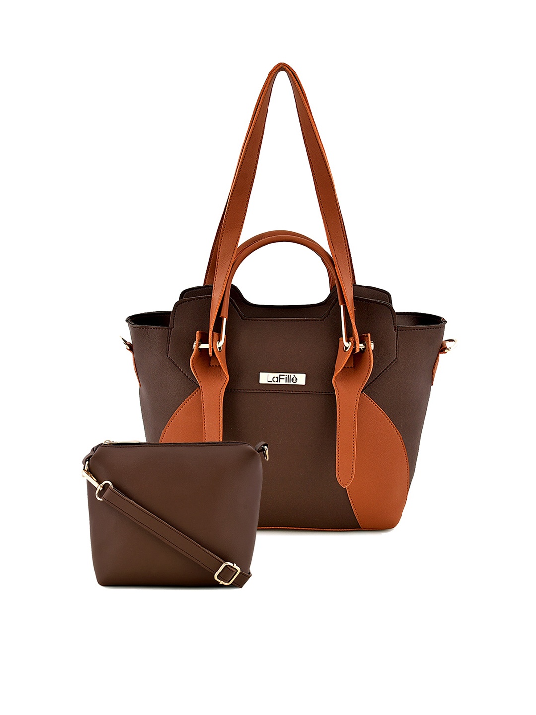 

LaFille Set of 2 Colourblocked PU Structured Shoulder Bag with Tasselled, Brown