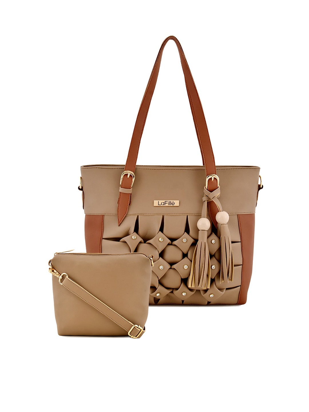 

LaFille Set of 2 Textured Structured Shoulder Bag with Tasselled, Beige