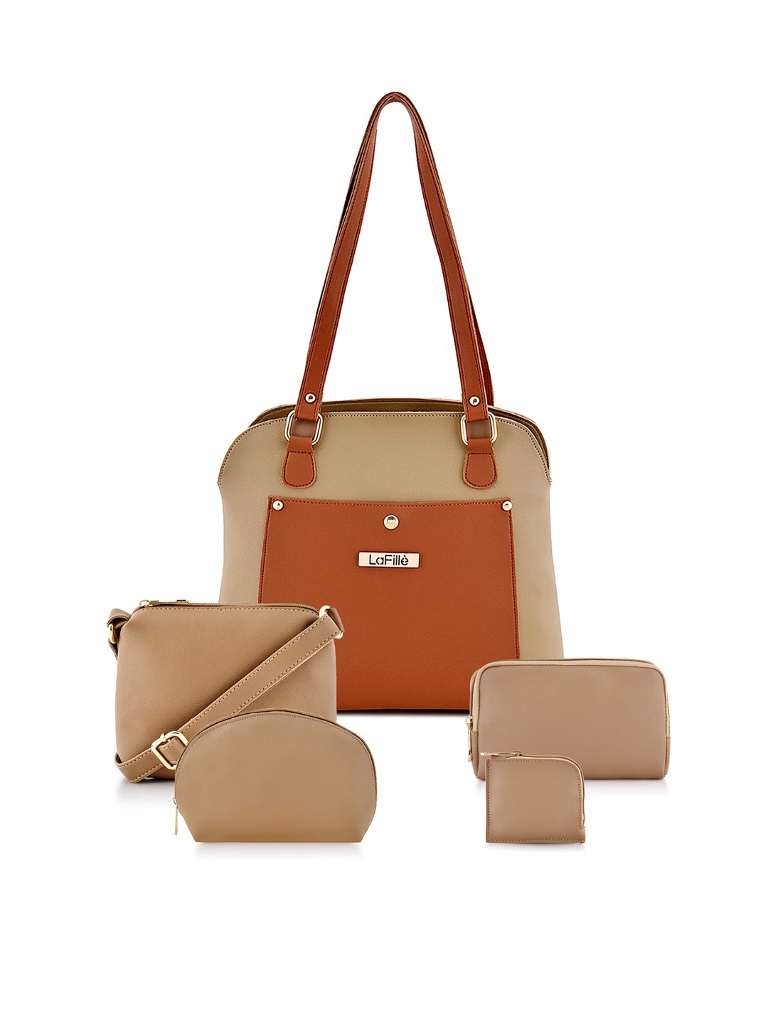 

LaFille Colourblocked Structured Shoulder Bag with Cut Work, Beige