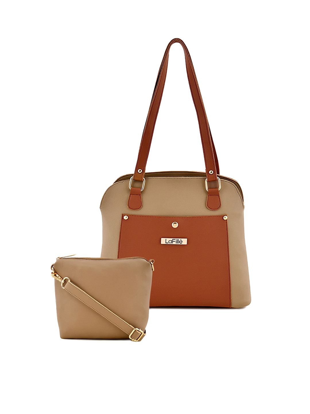 

LaFille Set Of 2 Colourblocked Structured Shoulder Bag, Beige