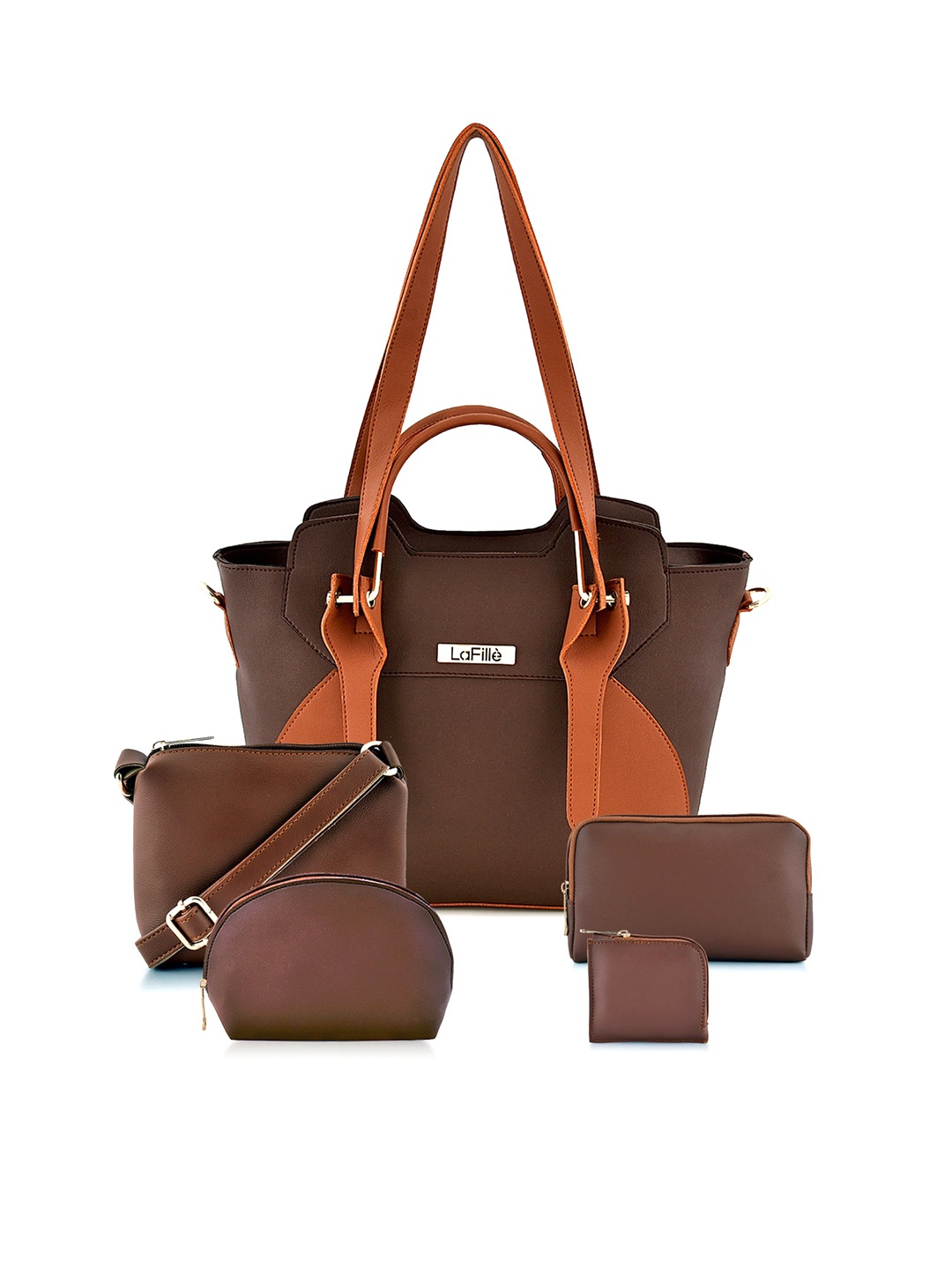 

LaFille Women Set Of 5 Structured Handbags, Brown
