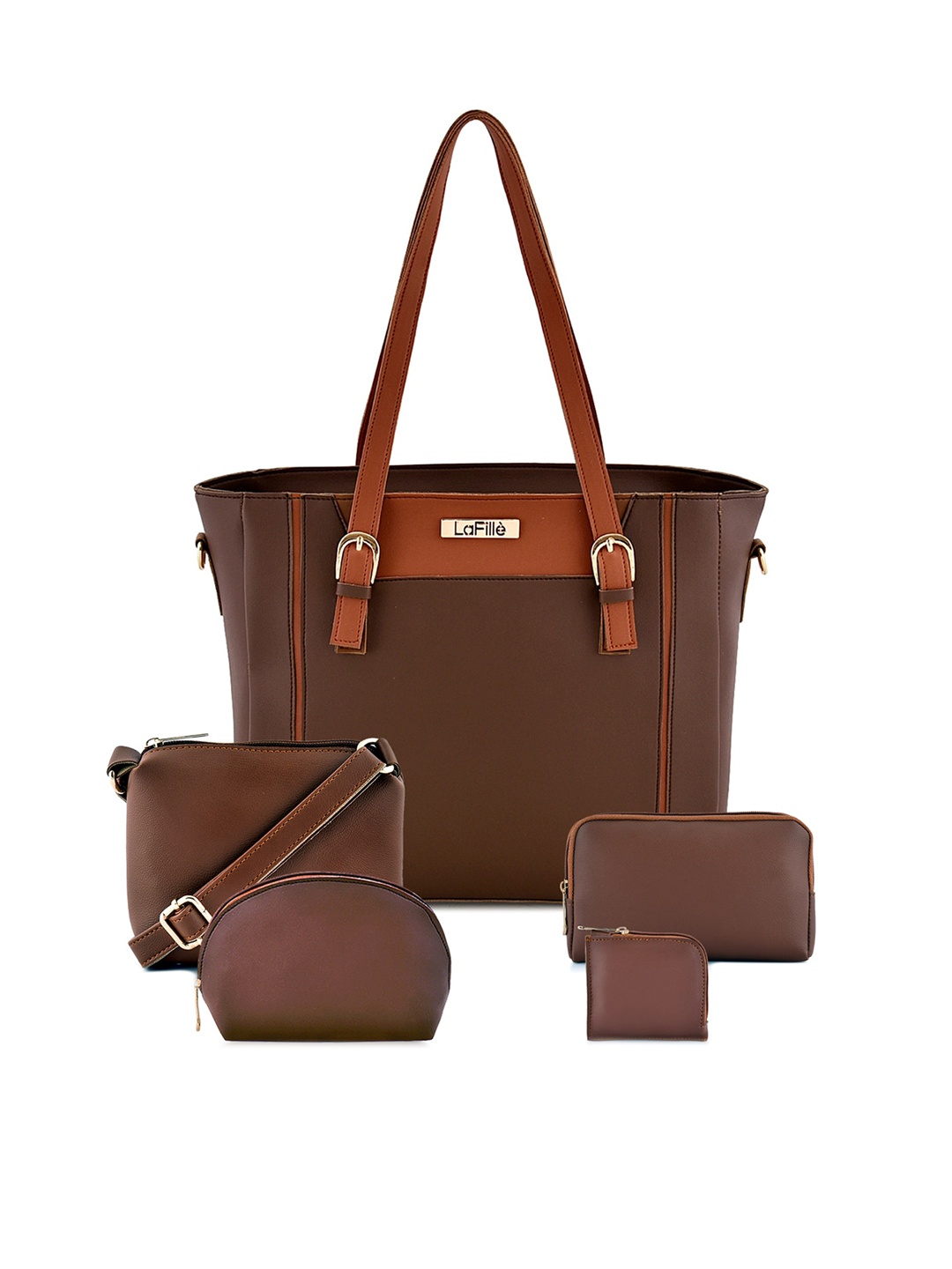 

LaFille Pack Of 5 PU Structured Shoulder Bag, Brown