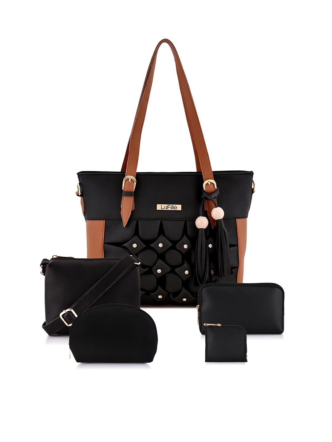 

LaFille Black Colourblocked PU Structured Shoulder Bag with Tasselled