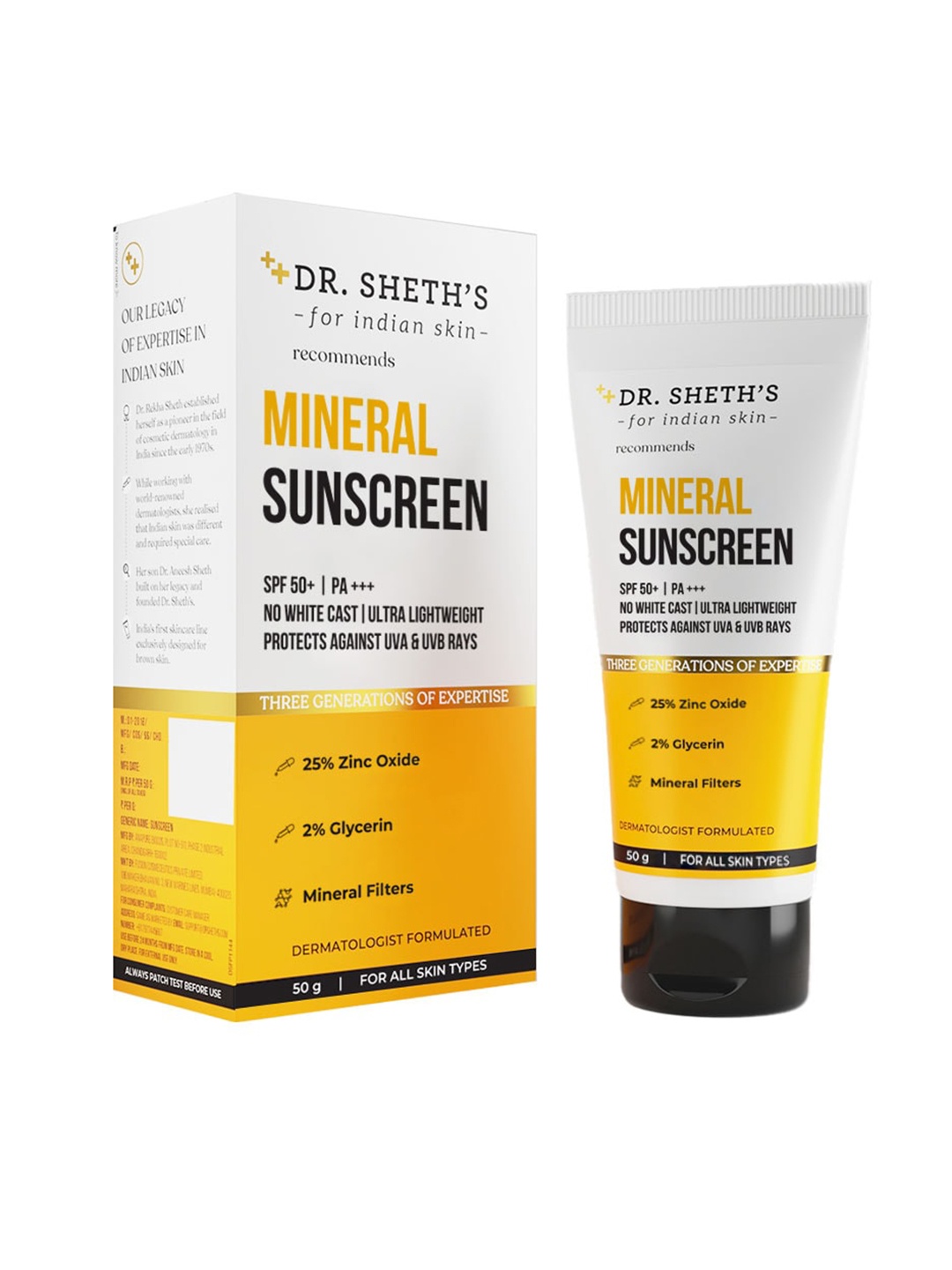 

DR. SHETHS Mineral SPF 50+ PA+++ 25% Zinc Oxide 2 % Glycerin Sunscreen - 50 g, White