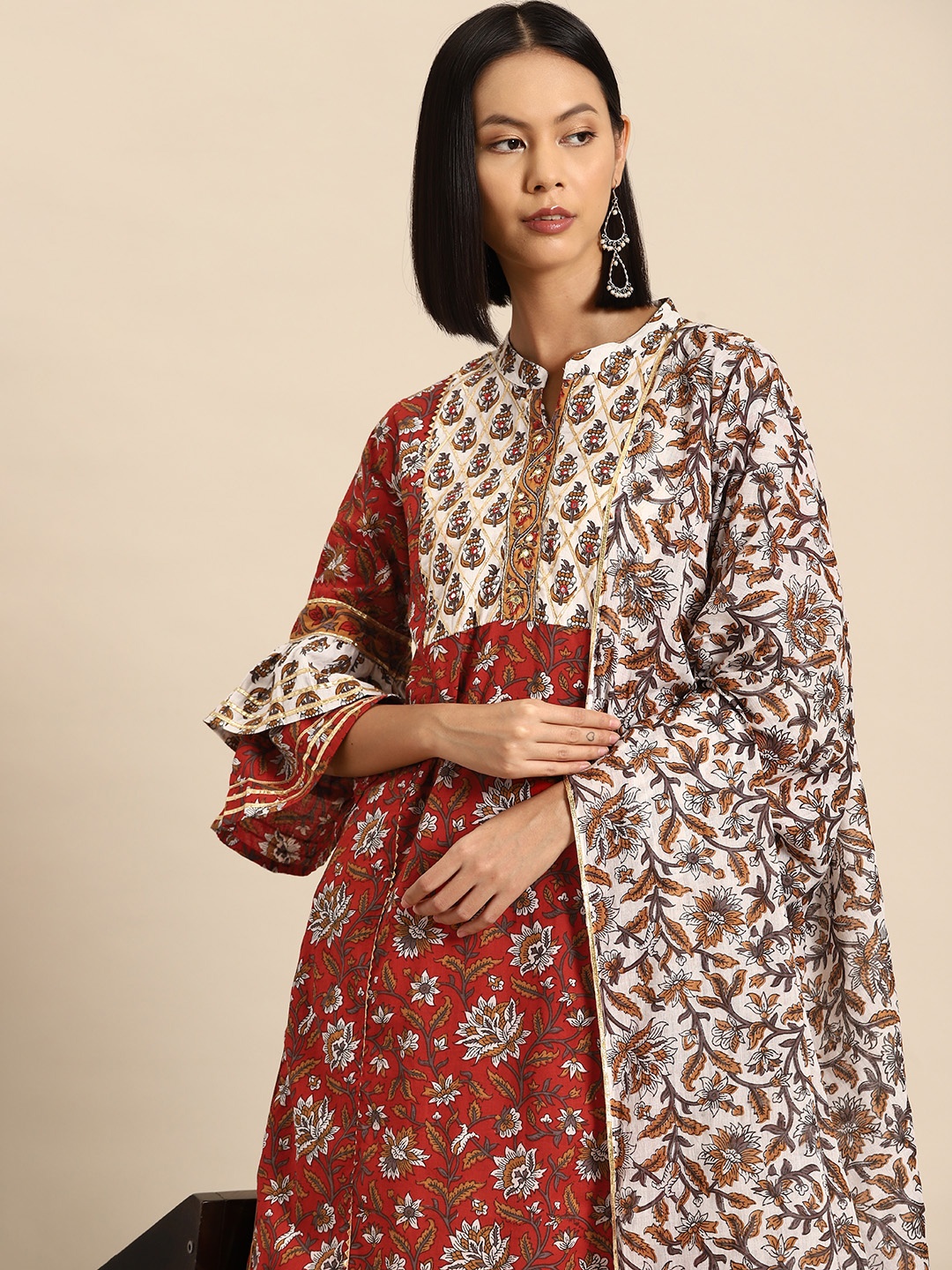 

all about you Women Ethnic Motifs Printed Regular Mirror Work Kurta with Sharara & Dupatta, Maroon