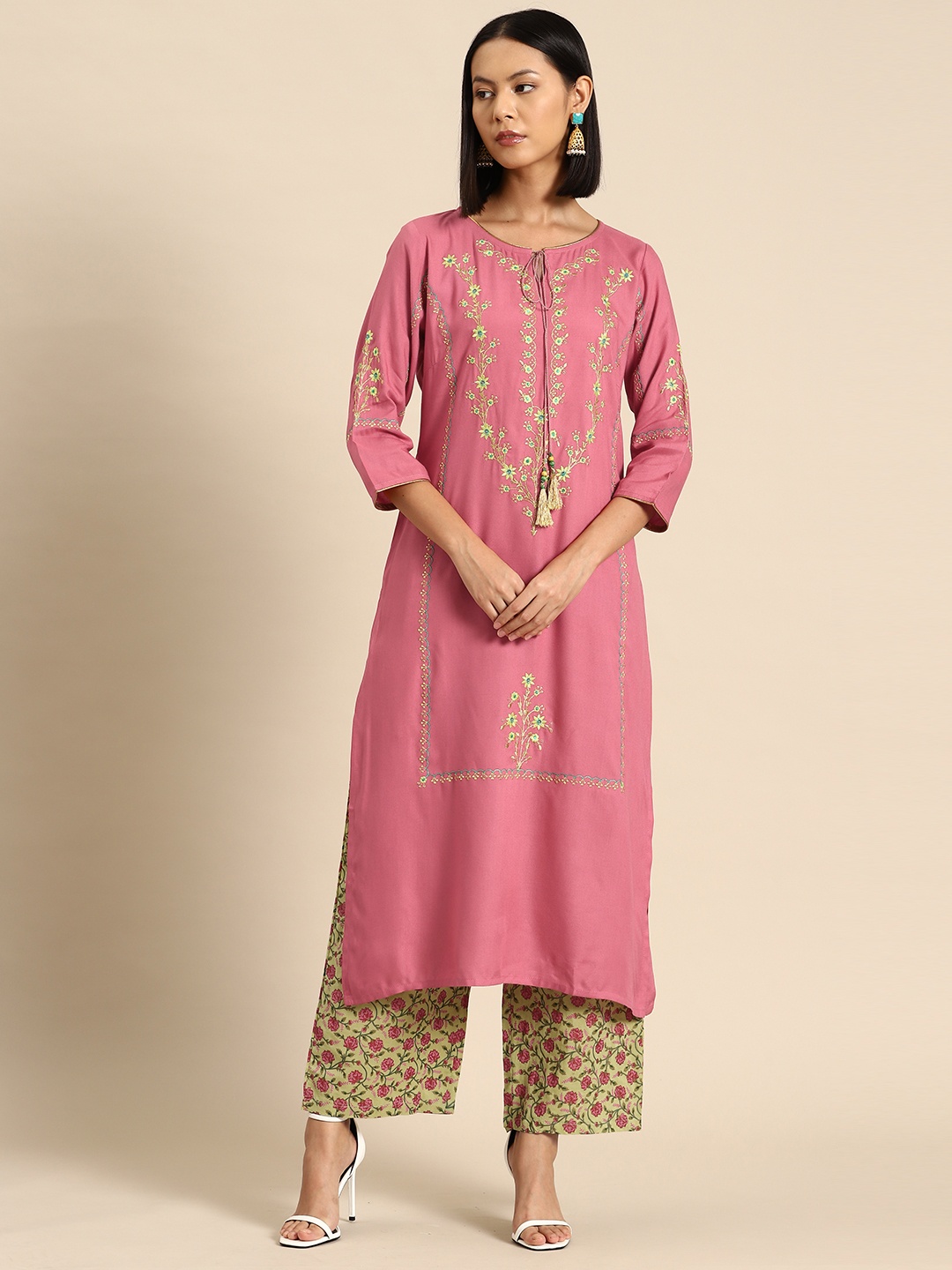 

all about you Floral Embroidered Regular Kurta with Palazzos, Pink