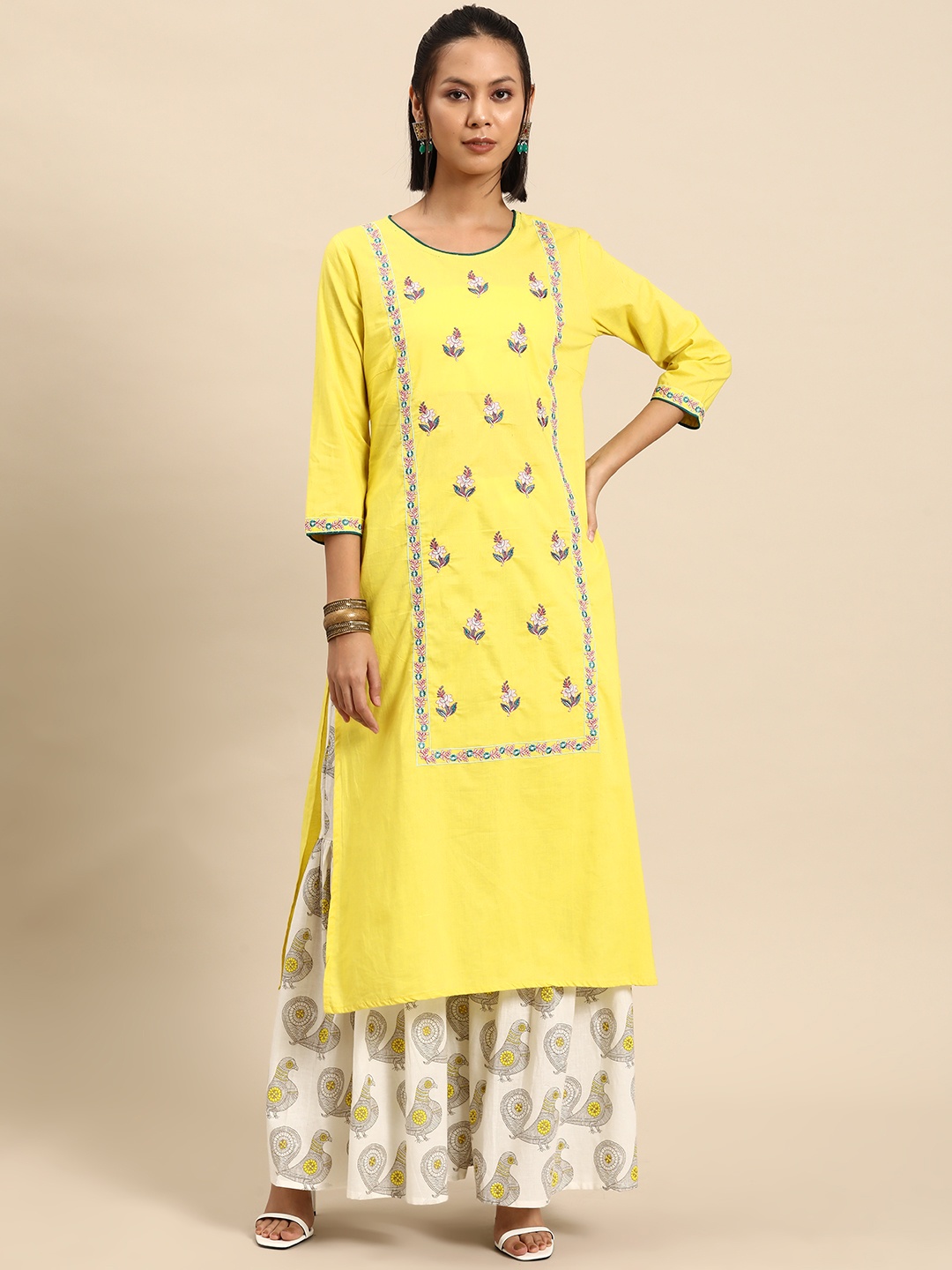 

all about you Women Embroidered Kurta & Printed Palazzos, Yellow