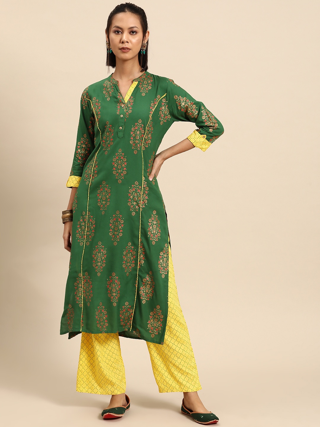 

all about you Women Ethnic Motifs Printed Regular Liva Kurta & Trousers, Green