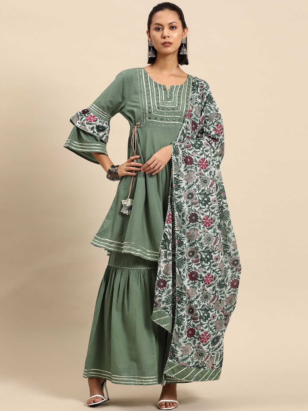

all about you Women Yoke Design Kurta & Sharara With Dupatta, Green