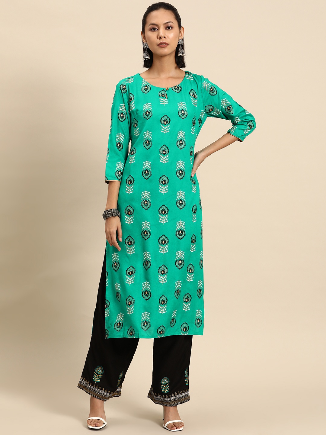 

all about you Women Ethnic Motifs Printed & Embroidered Kurta & Trousers, Blue