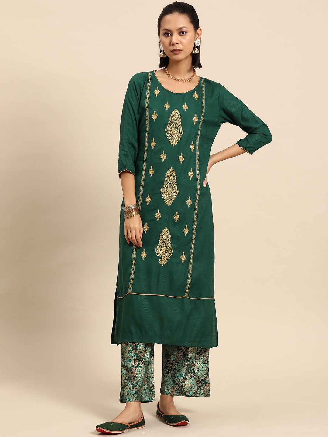 

all about you Women Ethnic Motifs Printed Regular Liva Kurta & Trousers, Green