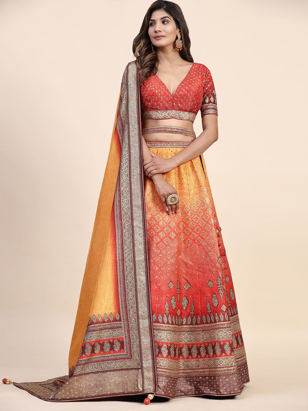 

Phenav Embellished Mirror Work Silk Ready To Wear Lehenga & Blouse With Dupatta, Yellow