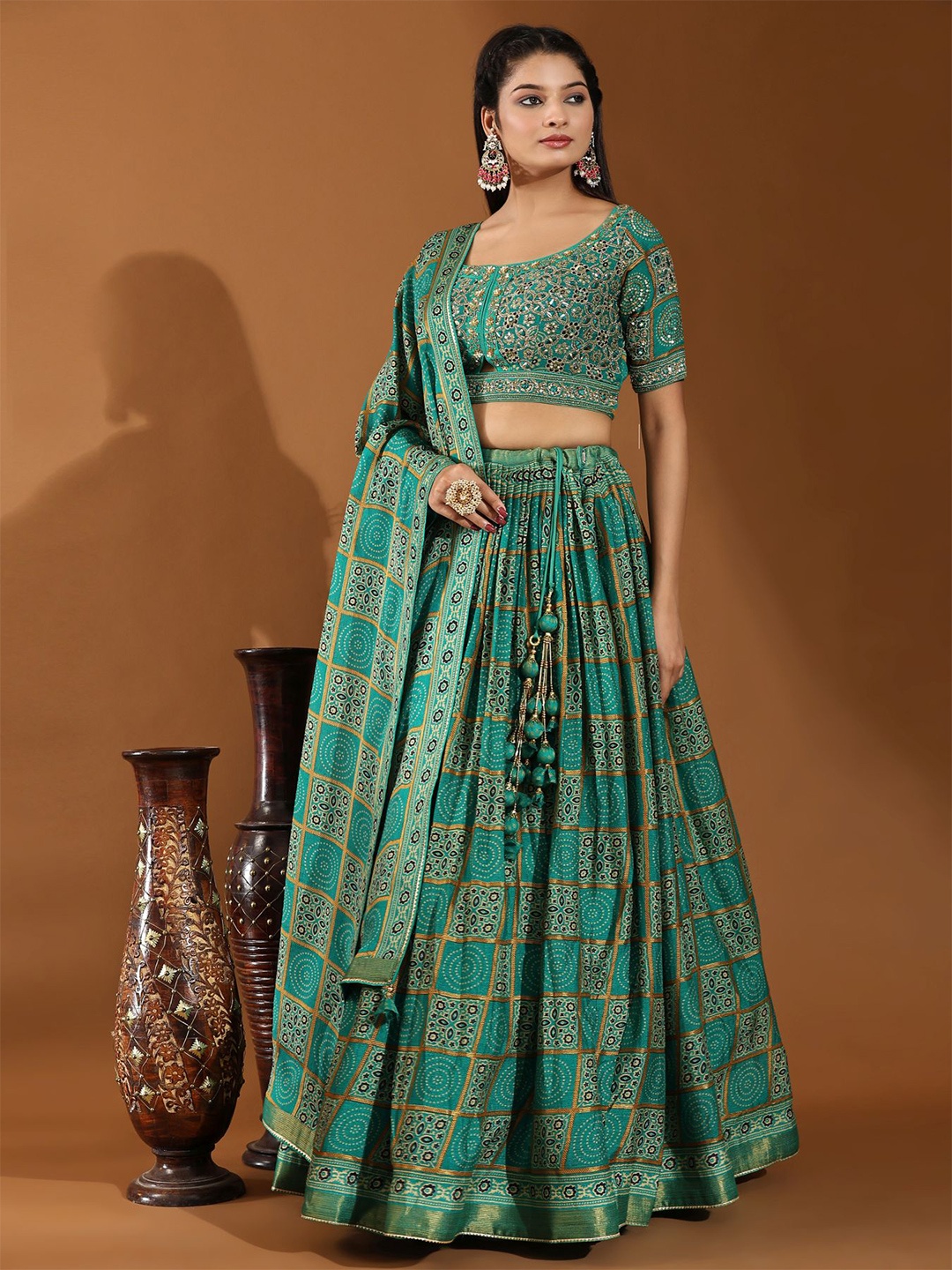 

Phenav Printed Embellished Mirror Work Ready To Wear Lehenga & Blouse With Dupatta, Sea green