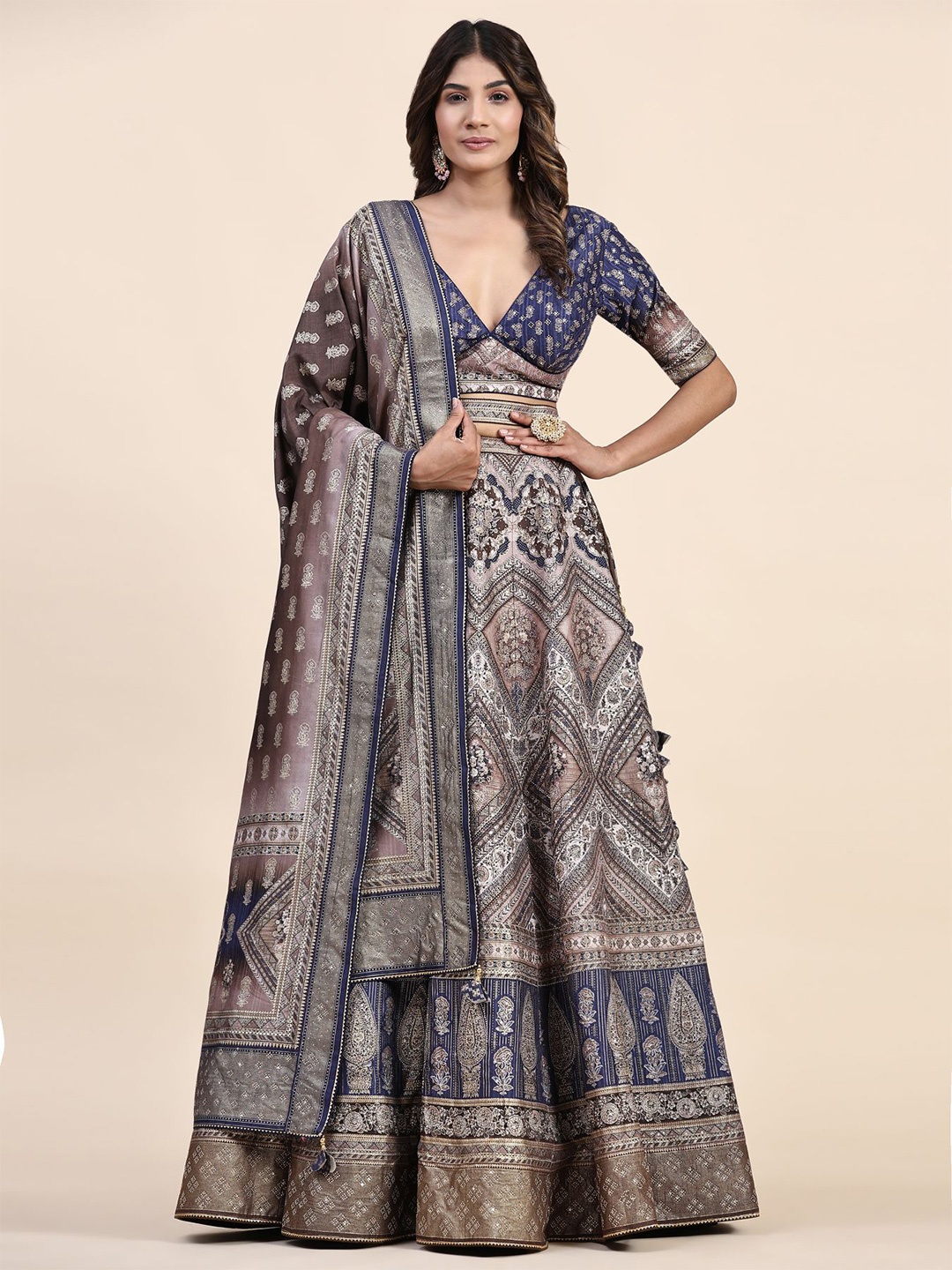 

Phenav Printed Mirror Work Ready To Wear Lehenga & Blouse With Dupatta, Blue