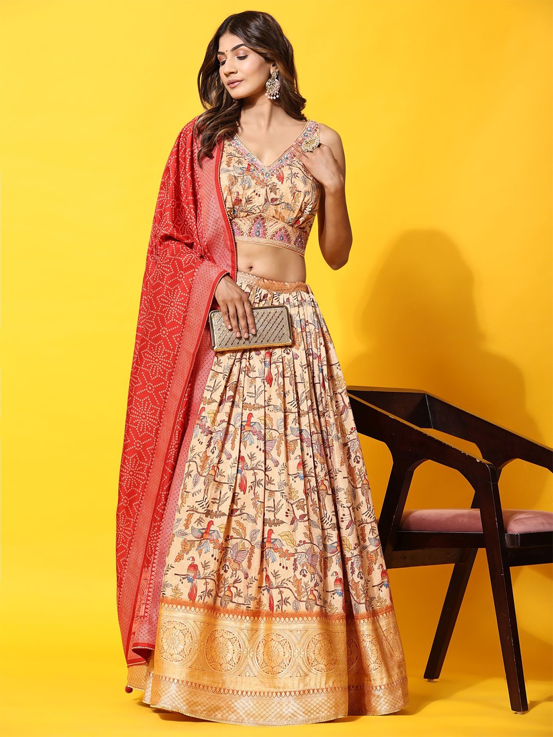 

Phenav Printed Mirror Work Ready To Wear Lehenga & Blouse With Dupatta, Beige