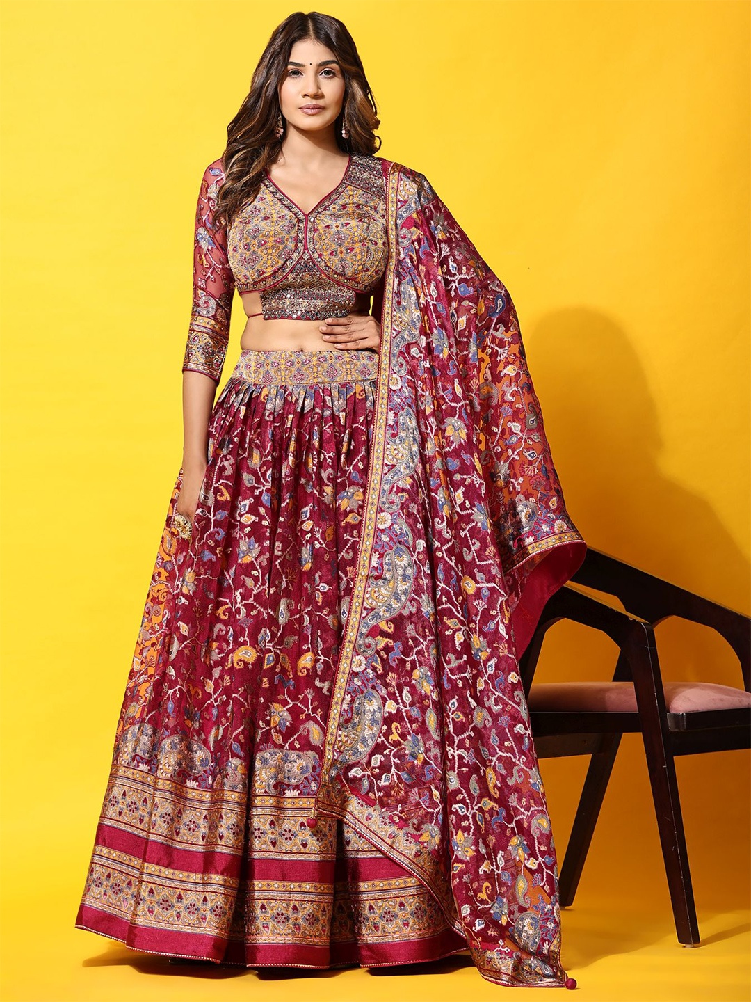 

Phenav Floral Printed & Mirror Work Embellished Ready to Wear Lehenga Choli With Dupatta, Pink