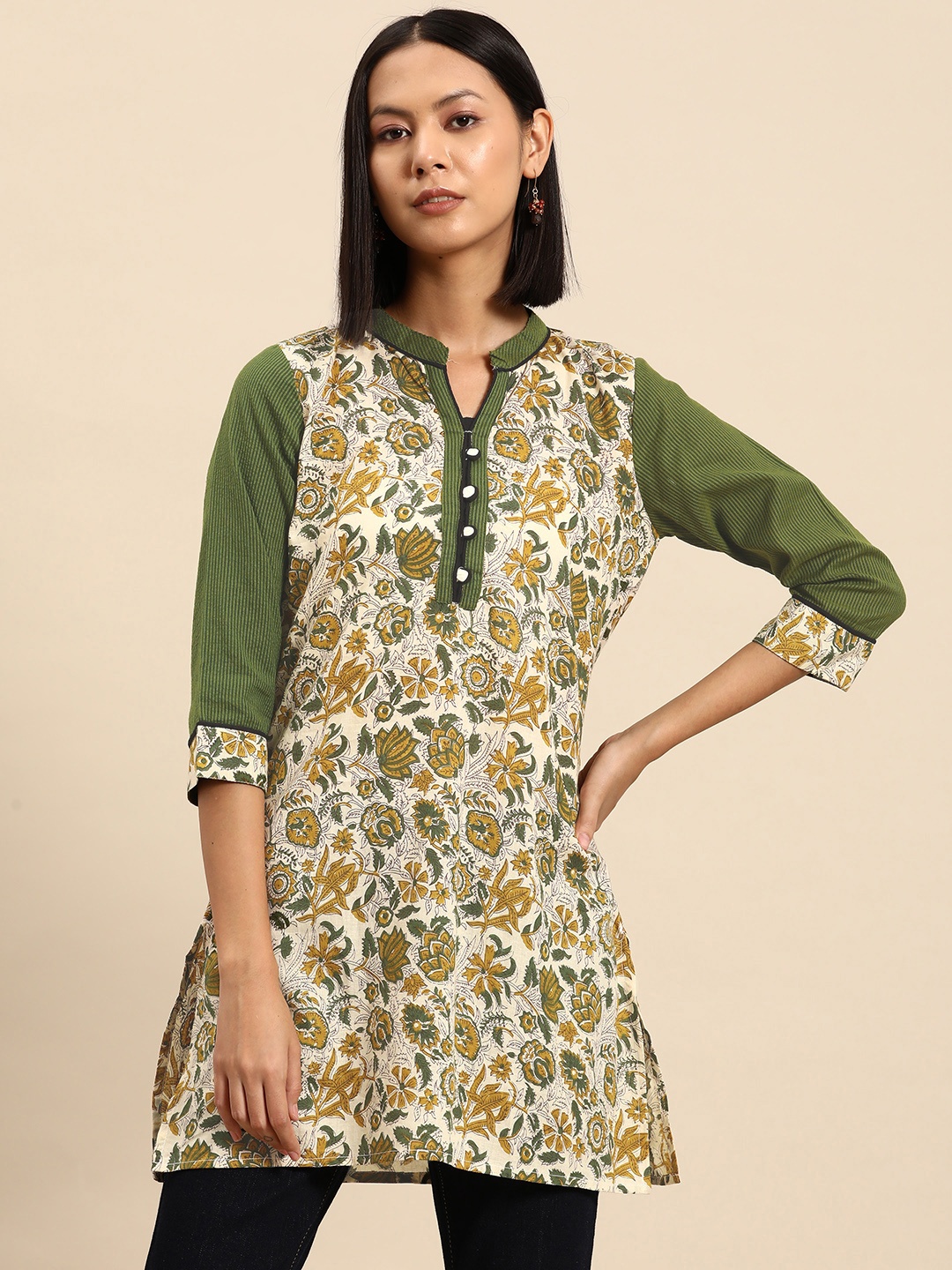 

all about you Floral Printed Pure Cotton Kurti, Green