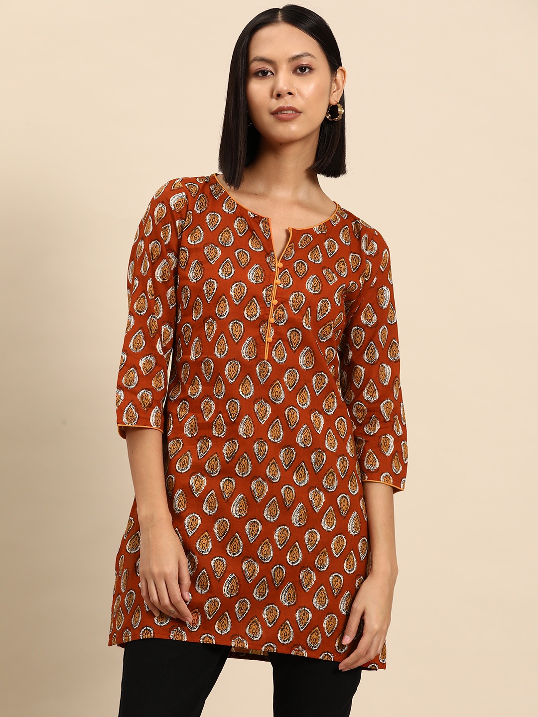 

all about you Ethnic Motifs Printed Pure Cotton Kurti, Rust