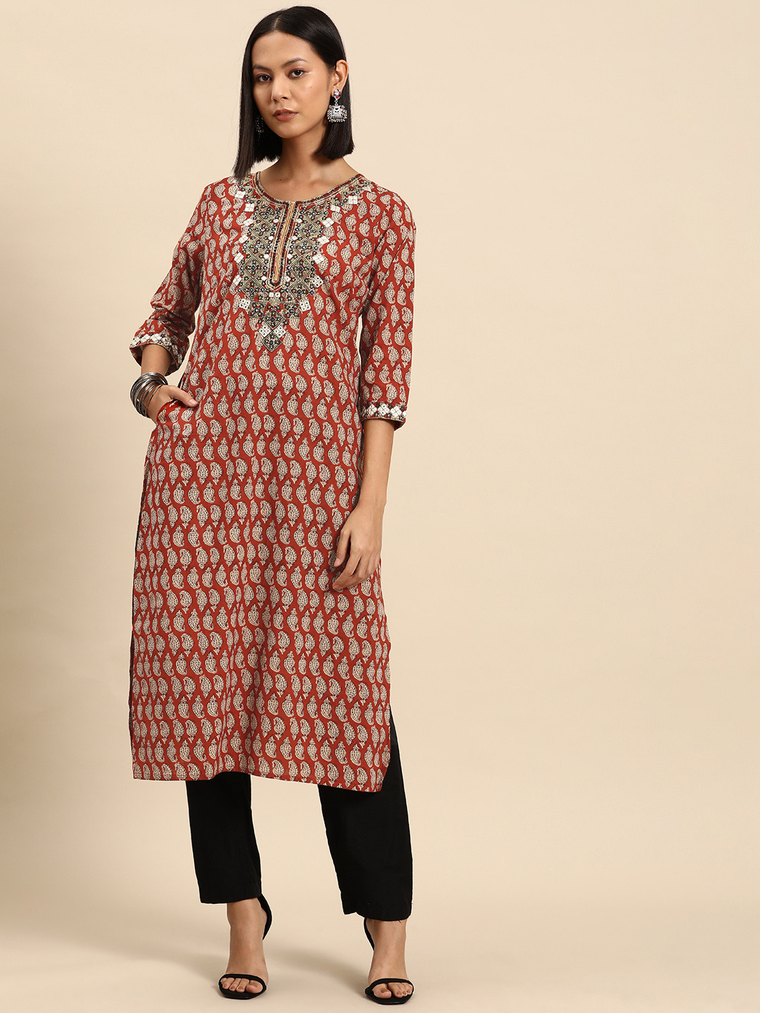 

all about you Ethnic Motifs Printed Indie Prints Cotton Kurta, Maroon