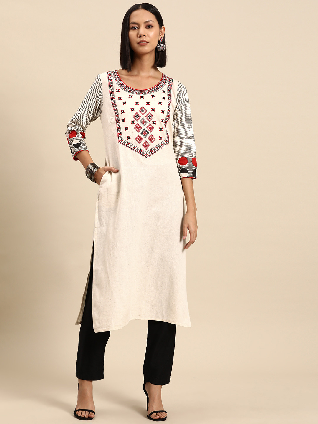 

all about you Ethnic Motifs Embroidered Thread Work Indie Prints Kurta, Cream