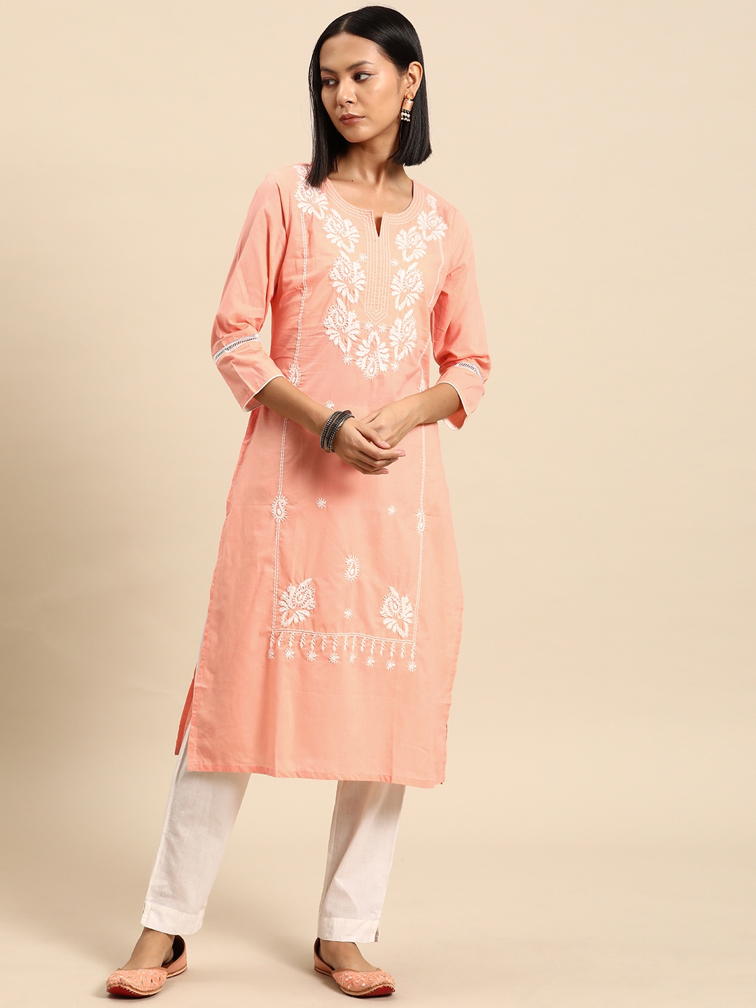 

all about you Peach-Coloured Ethnic Motifs Embroidered Chikankari Indie Prints Kurta