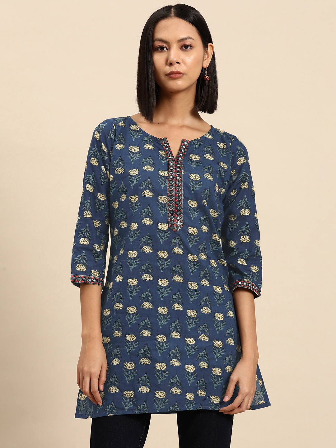 

all about you Floral Printed Pure Cotton Kurti, Navy blue