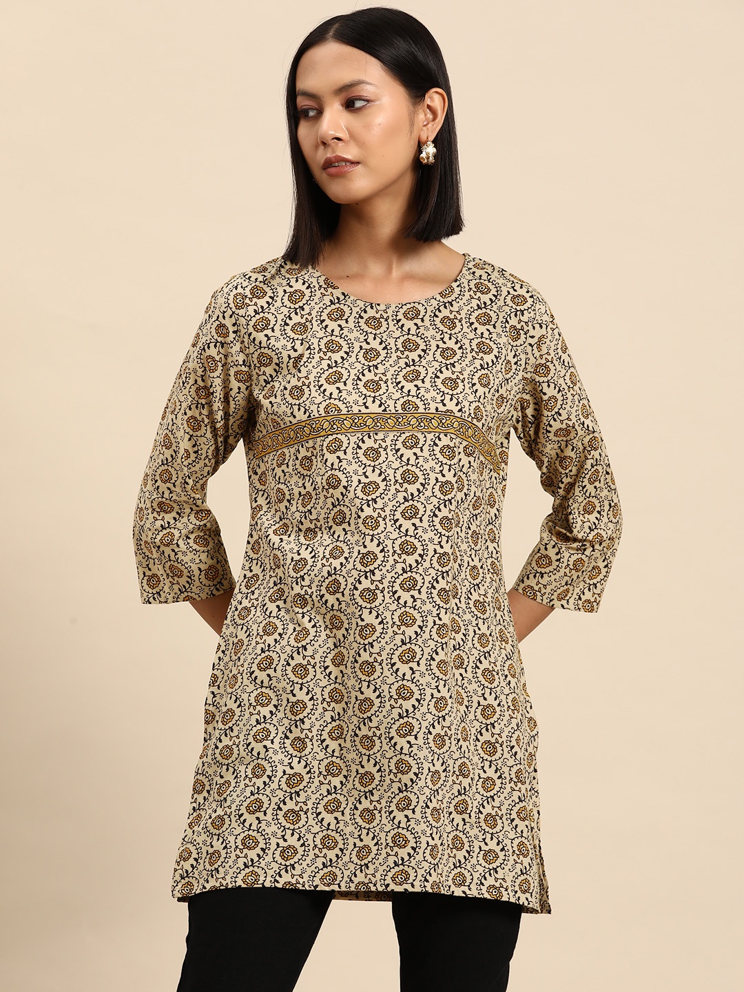 

all about you Ethnic Motifs Printed Liva Short Kurti, Beige