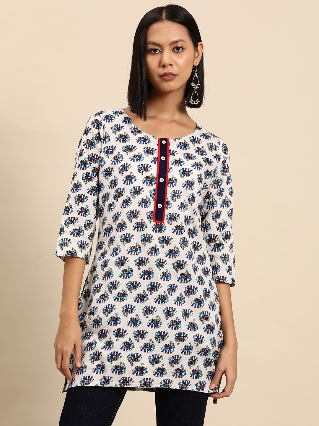 

all about you Tribal Printed Pure Cotton Kurti, Off white