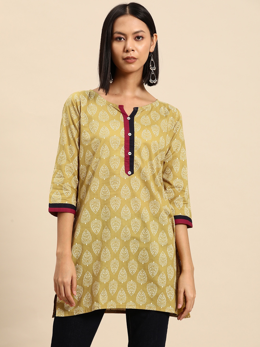 

all about you Geometric Printed Pure Cotton Short Kurti, Mustard